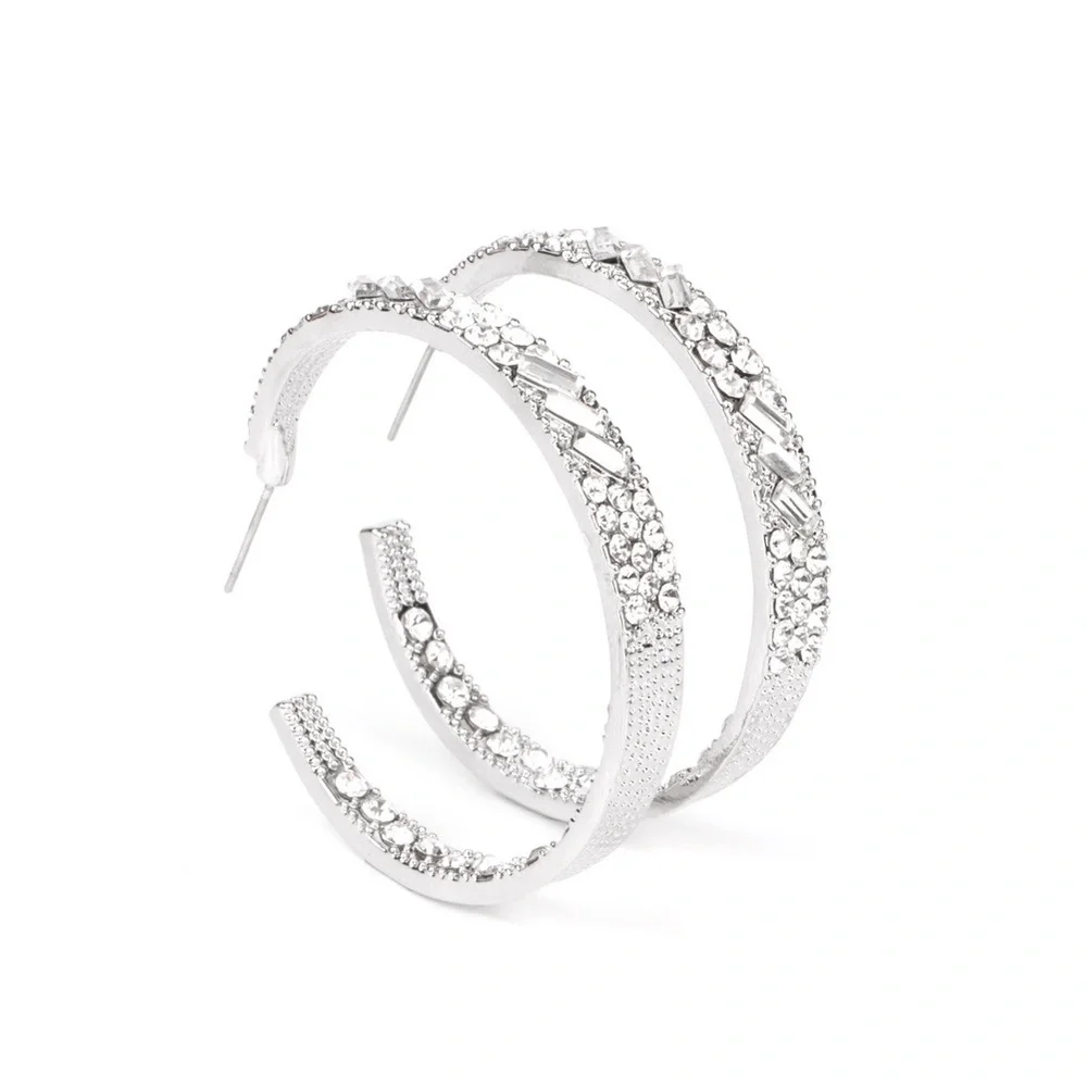 NWT Boutique Silver Diamond Rhinestone Hoop Earrings - Fashion Jewelry - Picture 4 of 4